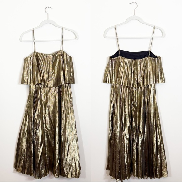 J. Crew Collection Gold Lamé Pleated Midi Dress Size 6 - Picture 6 of 9